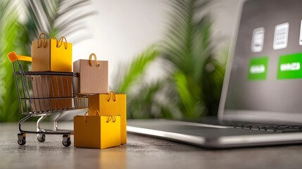 Poster - Colorful shopping cart packed with boxes placed beside a laptop showcasing a vibrant and futuristic online store interface