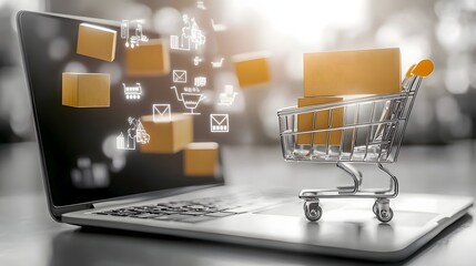 Leinwandbilder - Vibrant 3D shopping cart packed with colorful boxes placed beside a laptop displaying a futuristic online store interface representing the modern digital commerce experience with technology retail