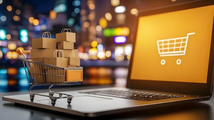 Poster - High tech E commerce Visualization Featuring a Shopping Cart Full of Neatly Packed Parcels Alongside a Laptop with an Illuminated Online Shopping Interface