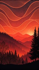 Poster - A mountain range with a red sunset in the background