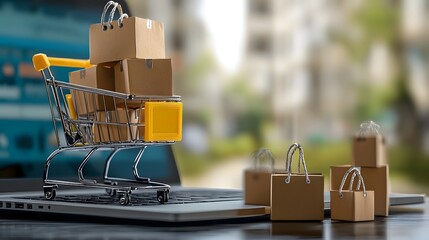 Poster - A cyber inspired digital shopping experience featuring a shopping cart loaded with packages alongside a laptop displaying an online marketplace