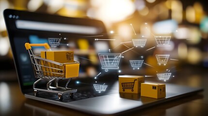 Poster - This image showcases an advanced online shopping ecosystem  featuring a brimming shopping cart beside a laptop displaying an interactive digital store interface