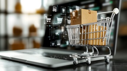 Poster - Advanced online shopping ecosystem with a shopping cart brimming with orders beside a laptop showcasing an interactive digital store interface and futuristic smart retail technology on a solid