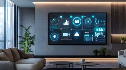 Fototapete - Futuristic smart home interface with holographic dashboard displaying integrated home automation controls security system and climate settings in a modern and elegant living space environment