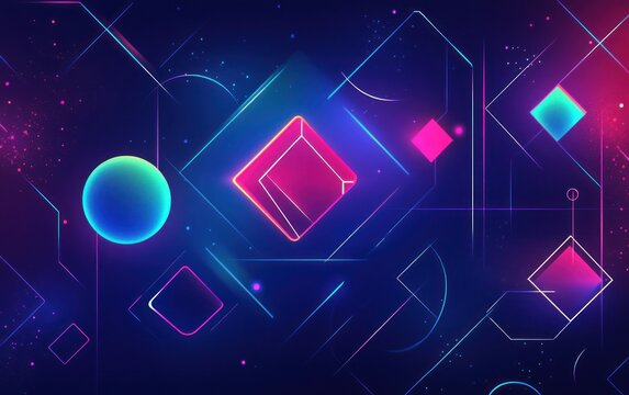 Abstract shapes in glowing neon hues with lines and dots on a dark background, ideal for graphics