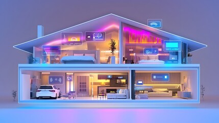 Aufkleber - Cross Section of a Futuristic Smart Home Showcasing Interconnected Devices AI Powered Automation WiFi Access Points