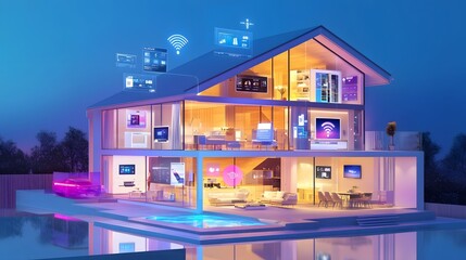Aufkleber - Cross section view showcasing the interior of a futuristic smart home with interconnected devices AI powered automation WiFi access points and floating holographic control icons