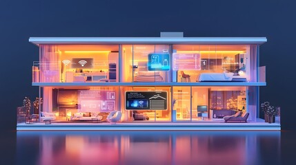 Aufkleber - Detailed cutaway view of a high tech smart home displaying a range of connected appliances advanced security systems real time climate control and glowing WiFi network hubs