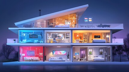 Poster - Futuristic Cross Section of a Cybernetic Smart Home Showcasing Seamless High Tech Living with Smart Lighting Automation Digital Security AI Driven Assistants and Holographic WiFi Interface