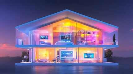 Poster - Futuristic cross section of a cybernetic home revealing advanced smart lighting automation digital security systems AI driven home assistants