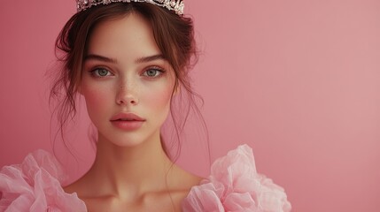 Wall Mural - young brunette woman with crown on head in pink dress on pink background, princess