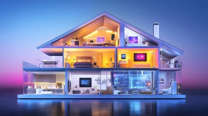 Poster - Futuristic cross section of a cybernetic smart home revealing advanced features like automated lighting digital security systems AI driven home assistants