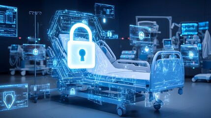 Poster - Futuristic hospital bed with a glowing digital lock symbol floating above representing advanced cybersecurity and data protection in a modern neon lit healthcare setting