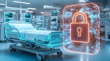 Poster - Futuristic medical facility with a digital lock hologram displayed over a hospital bed