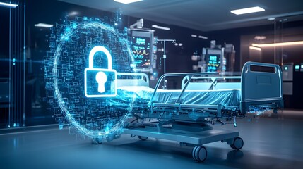 Poster - Futuristic hospital bed with a glowing digital lock symbol floating above representing advanced cybersecurity in medical data protection for a healthcare security system