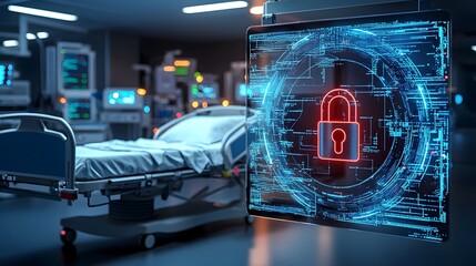 Poster - Neon lit futuristic hospital environment with a floating holographic lock symbol over a hospital bed representing secure digital patient records medical data encryption