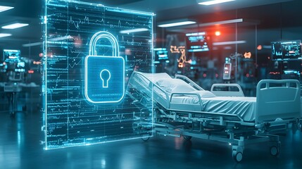 Poster - Neon lit futuristic hospital environment with a floating holographic lock symbol over a hospital bed representing secure digital patient records medical data encryption