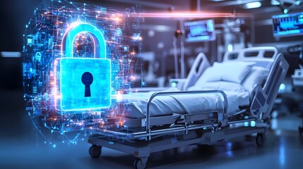 Aufkleber - Advanced Medical Cybersecurity Visualization with Neon Glowing Digital Lock Floating Over Futuristic High Tech Hospital Bed