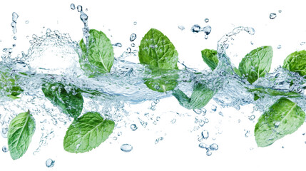 Poster - A vibrant image depicting fresh mint leaves submerged and splashing in clear water against a black background.