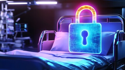 Poster - High Tech Hospital Room with Holographic Digital Lock Symbolizing Secure Encrypted Patient Records in a Futuristic Smart Medical Facility