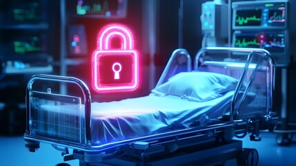 Poster - Cybernetic Medical Security Concept with Floating Digital Lock Hologram Above Hospital Bed Encrypted Patient Data and AI Driven Data Protection in Futuristic Healthcare Technology