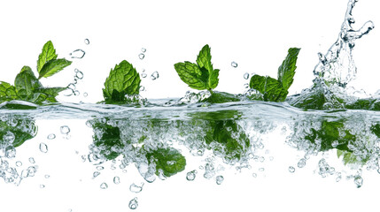 Poster - The image shows vibrant green mint leaves splashing into clear water, creating a refreshing and visually appealing scene.