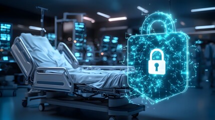 Poster - Futuristic Healthcare Security Visualization Featuring a Hospital Bed with a Floating Digital Lock Icon in a Neon Cyber Inspired Medical Environment