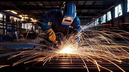 Poster - Highly skilled welder forging and shaping metal with bright golden sparks illuminating the dark industrial workshop