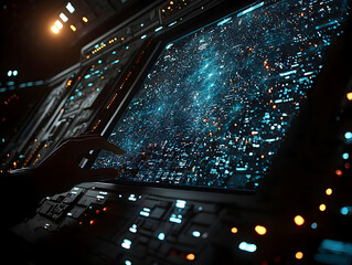 Poster - Astronaut explores cosmic data on ship screen