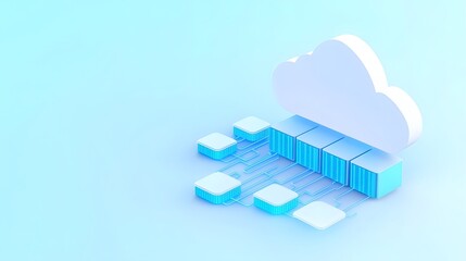 Fototapete - Futuristic cloud hosting network icon featuring a luminous two tone cloud connected to multiple glowing server nodes surrounded by neon digital pathways representing a high speed