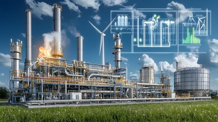 Aufkleber - Sprawling advanced biofuel refinery complex with high tech processing units pipelines and storage tanks surrounded by towering wind turbines generating renewable eco friendly and sustainable power
