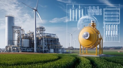 Poster - State of the art biofuel facility featuring industrial processing towers sustainable energy storage and wind power   a futuristic clean energy concept focused on environmental sustainability
