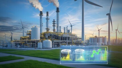 Aufkleber - Futuristic industrial facility with eco friendly biofuel refinery surrounded by wind turbines producing renewable and clean energy through sustainable power technology