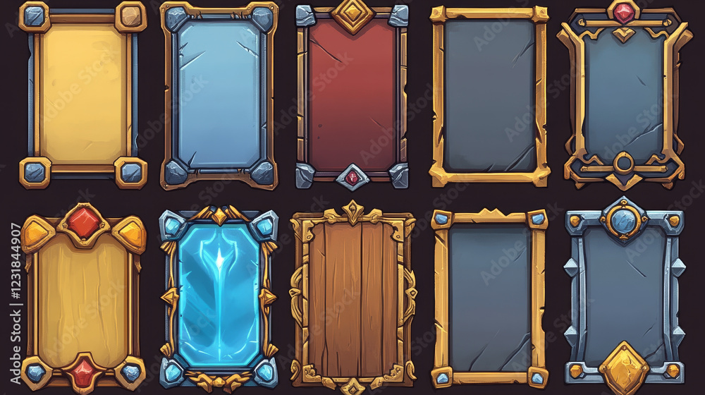 Rectangular frames with gold, silver, wooden and ice texture for game ...