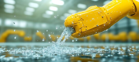 Poster - Yellow Robotic Arm Dispensing Water in Industrial Setting