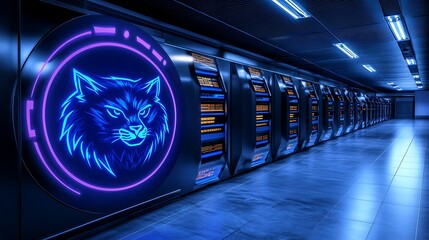 Poster - neon cat logo on futuristic server room corridor