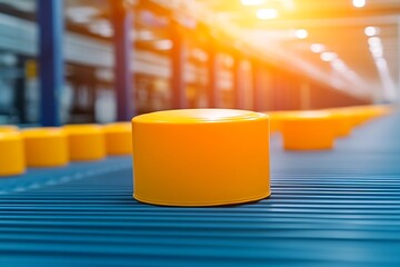 Poster - Bright Orange Cylindrical Objects Moving on a Blue Conveyor Belt in a Factory