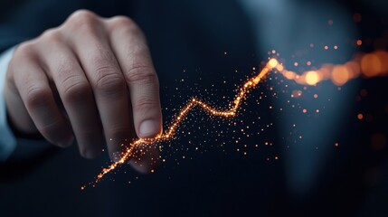 Poster - Hand Holographic bar stock Business Tablet concept. Businessperson Analyzing Dynamic Financial Data Graph with Upward Trend Arrow