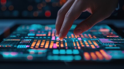 Poster - Hand Holographic bar stock Business Tablet concept. Close up of a businessperson s hand navigating a futuristic holographic digital interface