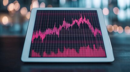 Poster - Hand Holographic bar stock Business Tablet concept. Digital Exchange Concept with Tablet Displaying Financial Data Chart
