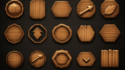 Poster - Realistic set of wooden game buttons sprite sheet isolated on background. Vector illustration of wood texture menu frames, progress bars, nameplates, round, hexagonal and arrow icons for gui design