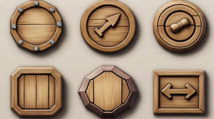 Poster - Realistic set of wooden game buttons sprite sheet isolated on background. Vector illustration of wood texture menu frames, progress bars, nameplates, round, hexagonal and arrow icons for gui design