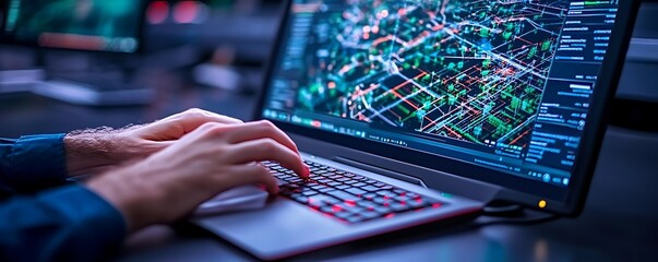 Fototapete - Hands typing on a laptop displaying complex data visualizations and code.