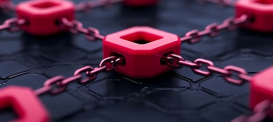 Poster - Interconnected Red Cubes Linked by Chains on a Dark Hexagonal Surface