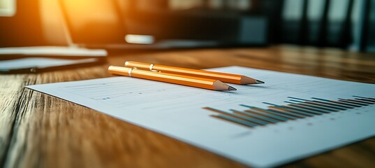 Poster - Two orange pencils rest on a financial report with bar graphs on a wooden desk.