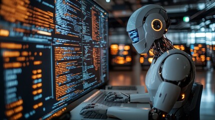 Aufkleber - A futuristic robotic figure operates a computer, surrounded by vibrant screens displaying code, showcasing advancements in artificial intelligence and automation.