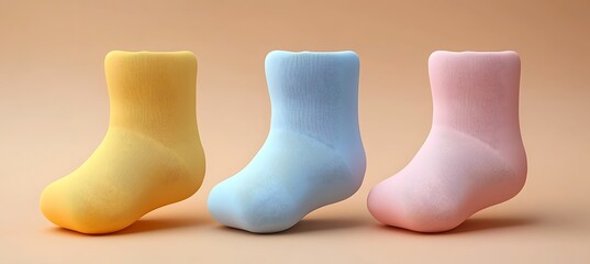 Poster - Three Pastel-Colored Socks Arranged in a Row on a Neutral Background