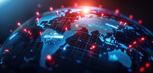 Aufkleber - A digital globe illuminated with red markers, symbolizing global connectivity and data points across different regions.