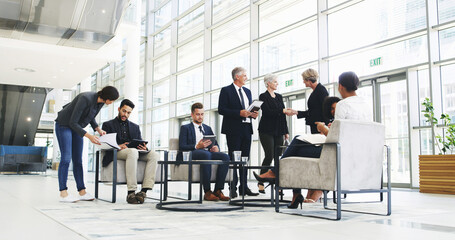Aufkleber - Collaboration, development and meeting with business people in lobby of office for planning or strategy, Coaching, management and training with employee team in discussion of company workplace