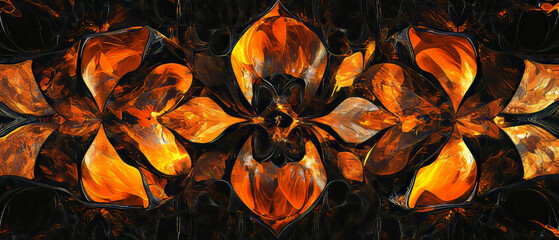 Poster - Fractal glass texture with fiery patterns in vibrant orange on black background